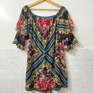 Pookie & Sebastian M Dark Floral Geometric Boho Ruffled Off Shoulder Mini Dress